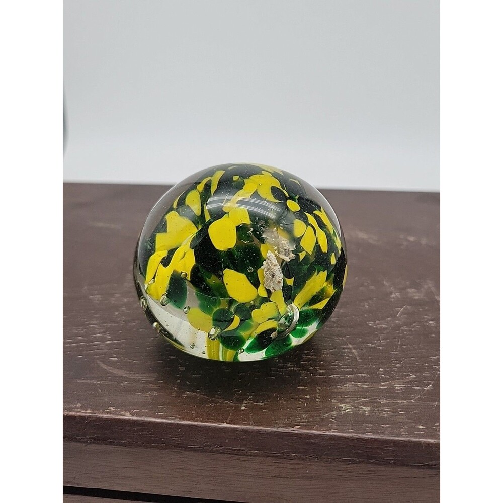 READ Art Glass Paperweight in Green and Yellow 2.25"